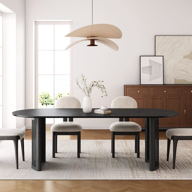 67"L×33.5"W Oval Wood Dining Table Double Rattan Pedestal Kitchen Table - Black