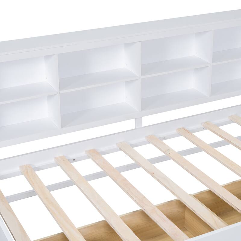 USB Ports on L-Shape Storage Headboard Bed Frame, Wooden DayBed Sofa Bed, Wooden Slat Platform Bed with 2 Drawers