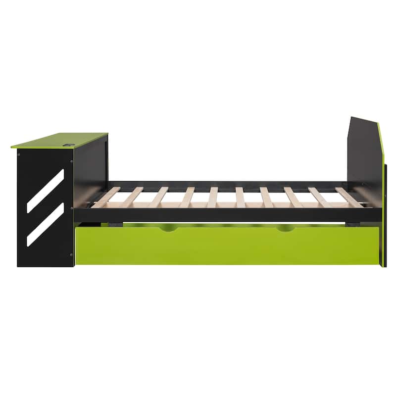 Full Daybed with Trundle, Wood Daybed with Built-in Desk and USB Charging Station, Twin Trundle Bed with Storage