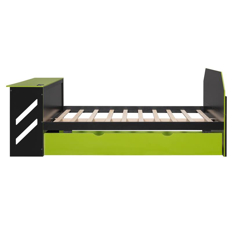Modern Wood Daybed with Twin Trundle, Desk, and USB, Green