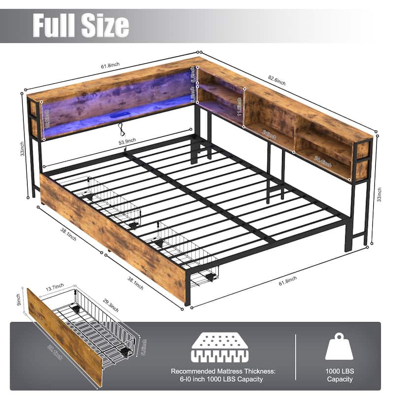 Corner Daybed with Storage Drawers and Bookcase Headboard, LED Light, USB Charging Station, No Box Spring Needed