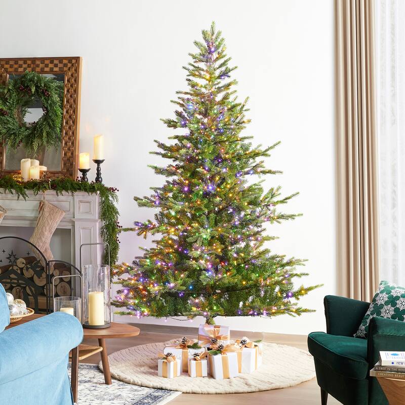 Glitzhome 7.5ft/9ft Pre-Lit Full Fir Artificial Christmas Tree w/Foot Pedal & Remote Control Simple Setup