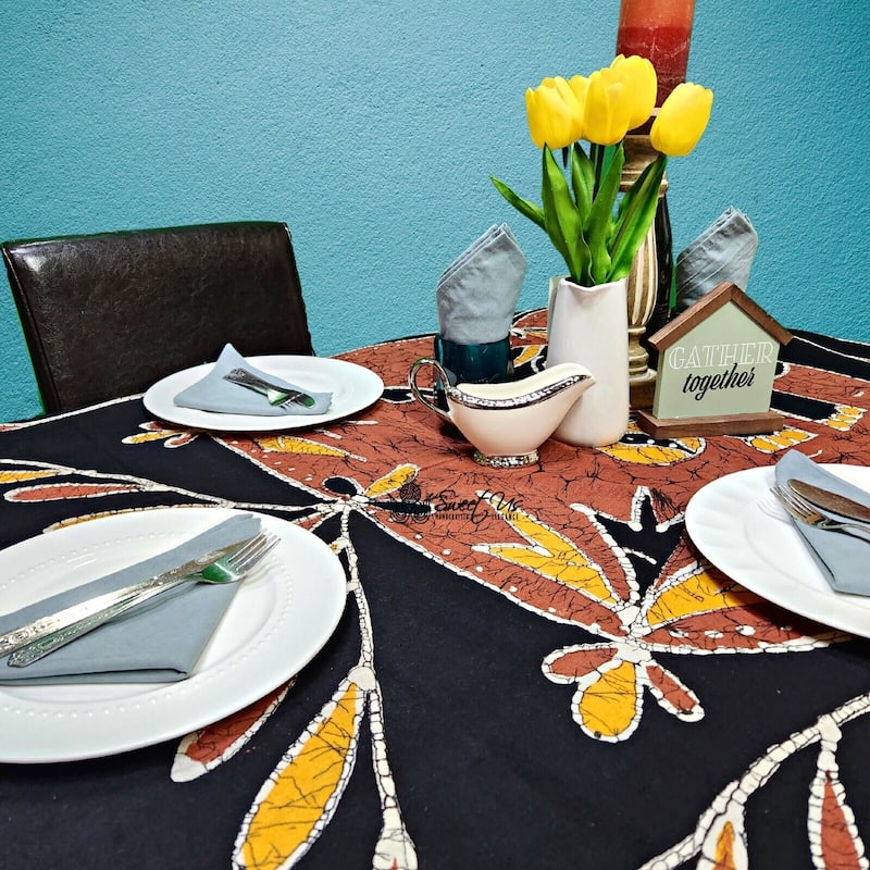 Cotton Lucky Elephant Batik Print Tablecloth Rectangle - 106 x 106 inches - Black