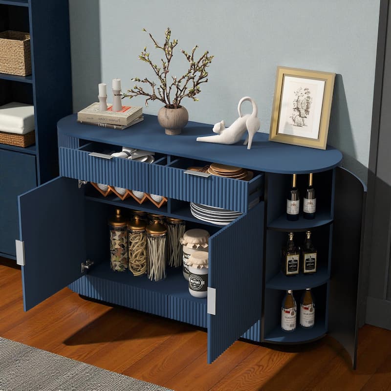 Modern 55.1" Storage Cabinet with Curved Doors, 2 Drawers & Side Shelves, Stripe MDF Buffet Console Table