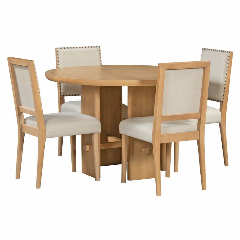 5-Piece Round Dining Table Set with Solid Wood Upholstered Chairs for Minimalist Farmhouse Design