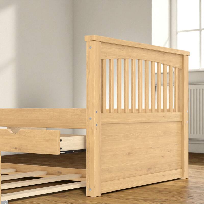 Twin Solid Wood Platform Bed with Drawers and Trundle, Space-Saving Daybed Frame with Storage, No Box Spring Needed