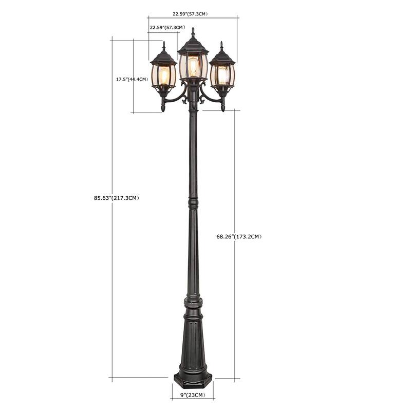 3-Light 85.43-in Rising Sun Black Complete Post Light(Dusk to Dawn Could be Chosen)