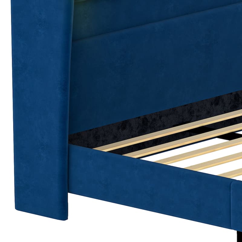 Moasis Queen Size Velvet Upholstered Platform Bed Frame with Wingback Headboard & LED Light