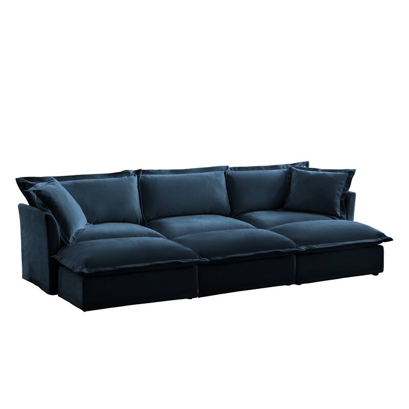 Modern 3-seater upholstered sofa with 3 ottomans and 2 pillows