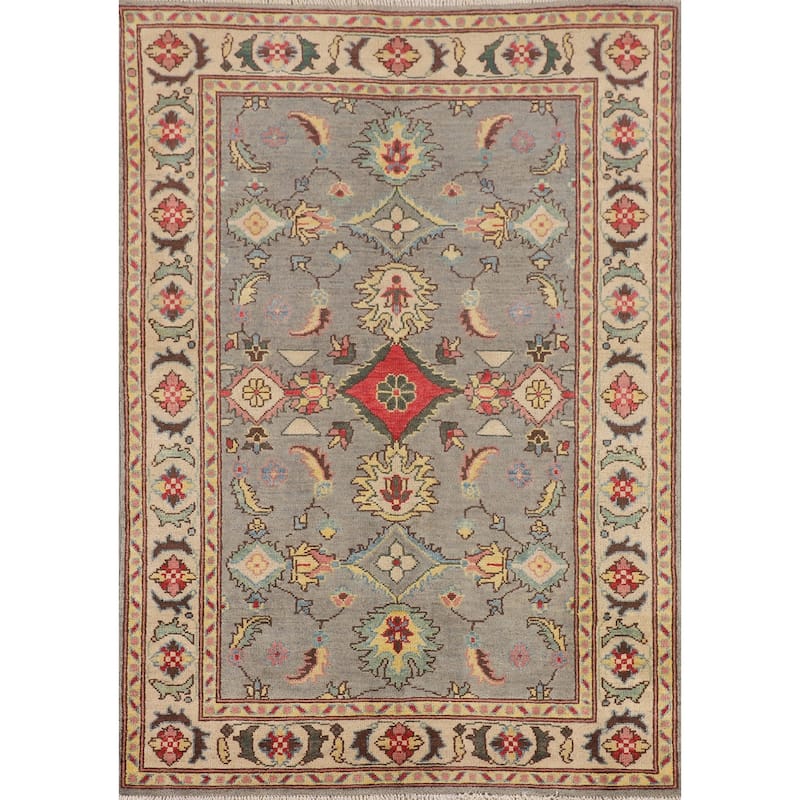 Gray Floral Kazak Oriental Area Rug Hand-Knotted Wool Carpet - 4'1" x 5'11"