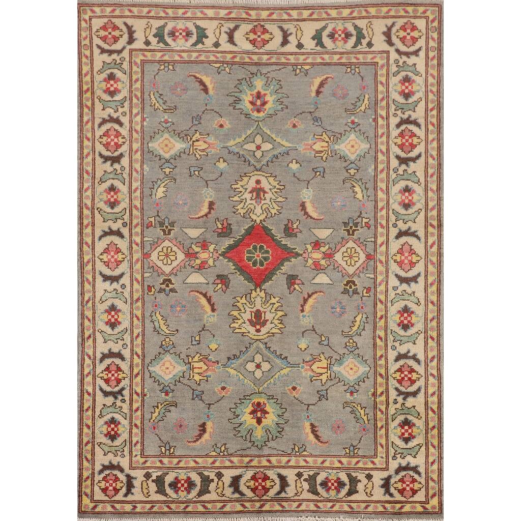 Gray Floral Kazak Oriental Area Rug Hand-Knotted Wool Carpet - 4'1" x 5'11"
