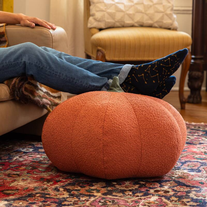Jaxx Pumpkin Pouf - Luxurious Ottoman for Fall & Halloween Decor - Boucle Terra Cotta