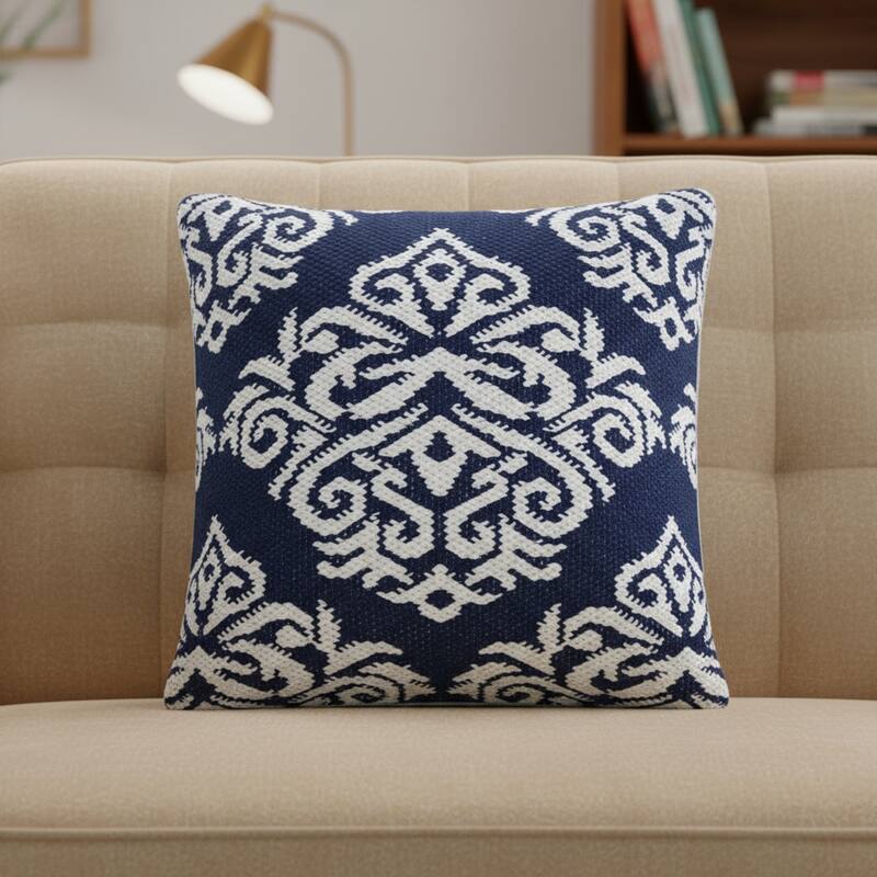 HomeRoots 20" Blue And White Damask Cotton Throw Pillow