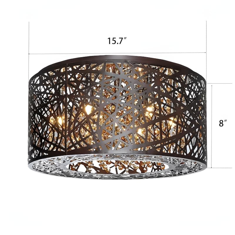 15.7" Wide Metal Flush Mount with Crystal Accent Bird Nest Modern Laser-Cut