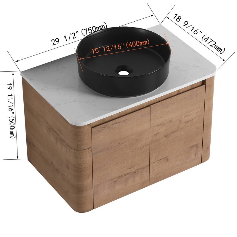 30'' Wall-Mounted Bathroom Vanity With Ceramic Art Sink & 2-Soft-Close Door, KD-Packing, Plywood