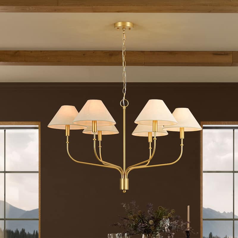 6-Light Mid-Century Modern Brass Chandelier with Beige Fabric Shades - Gold Finish Ceiling Light Fixtur for Living Room