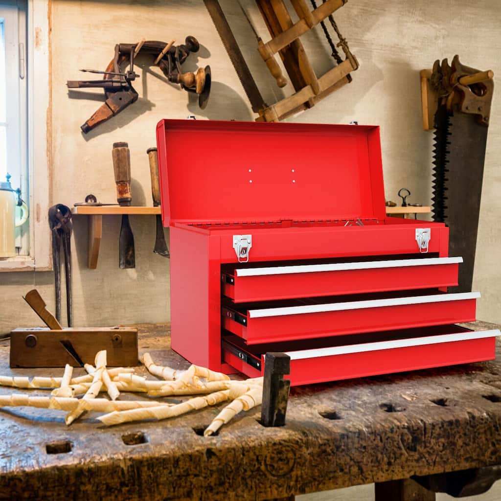 Portable metal heavy-duty toolbox w/ 3 drawers designed to be lockable