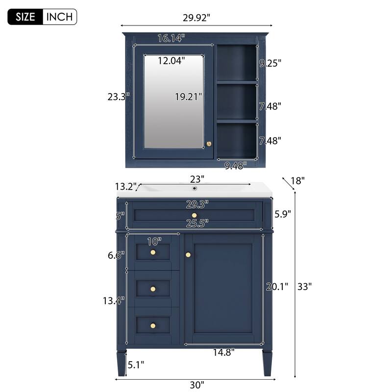 30-Inch Bathroom Vanity with Ceramic Undermount Sink, Mirror Cabinet, 3 Soft-Close Drawers, and Modern Design