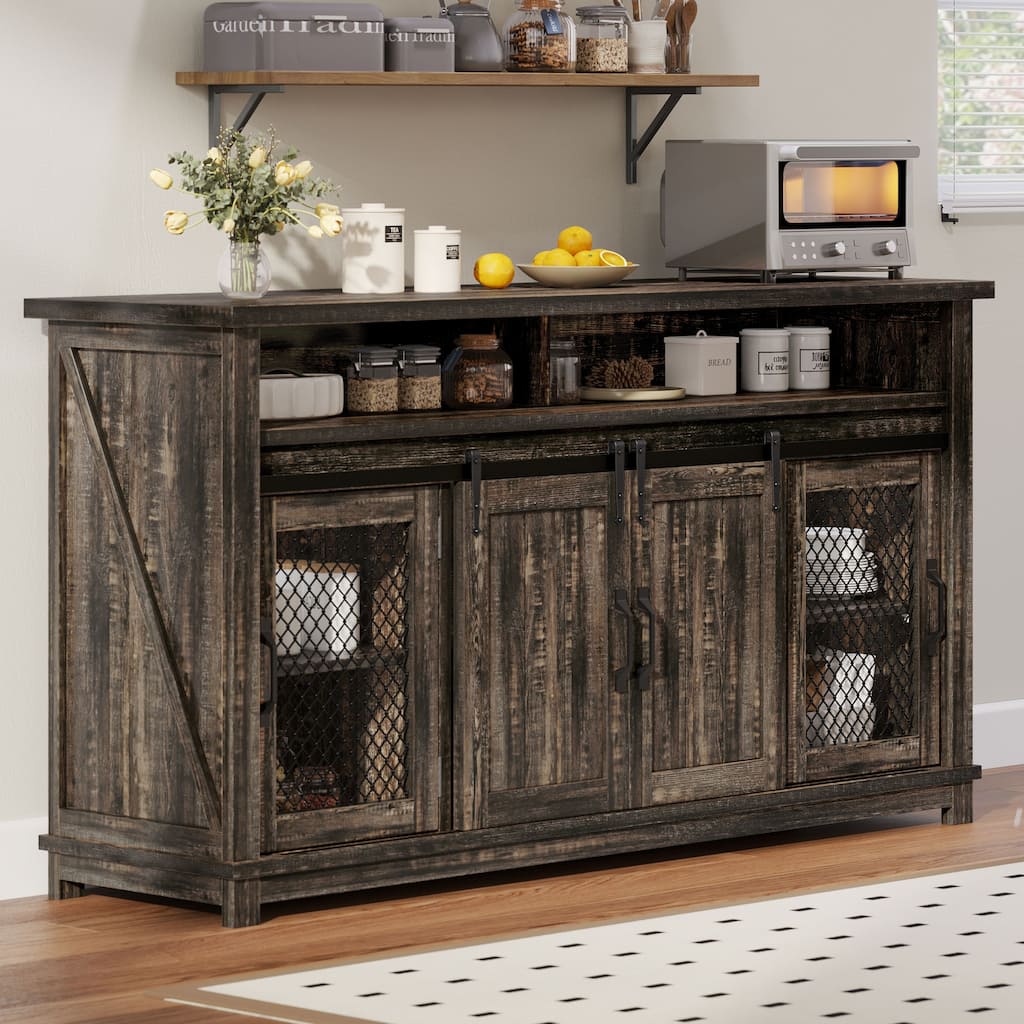 Moasis 63'' W Farmhouse Sideboard Buffet Cabinet with 2 Sliding Barn Doors & 2 Visual Grid Doors