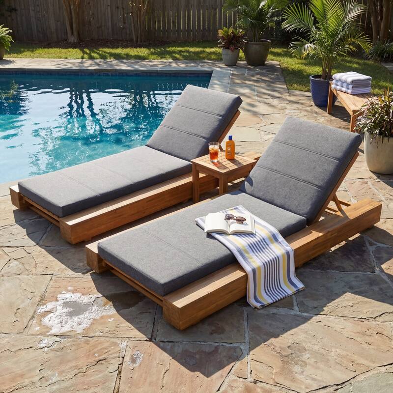Christopher Knight Home - Amedea Outdoor Acacia Wood Chaise Lounge with Adjustable Backrest & Water-Resistant Cushion - Set of 2-Grey+Teak Finish