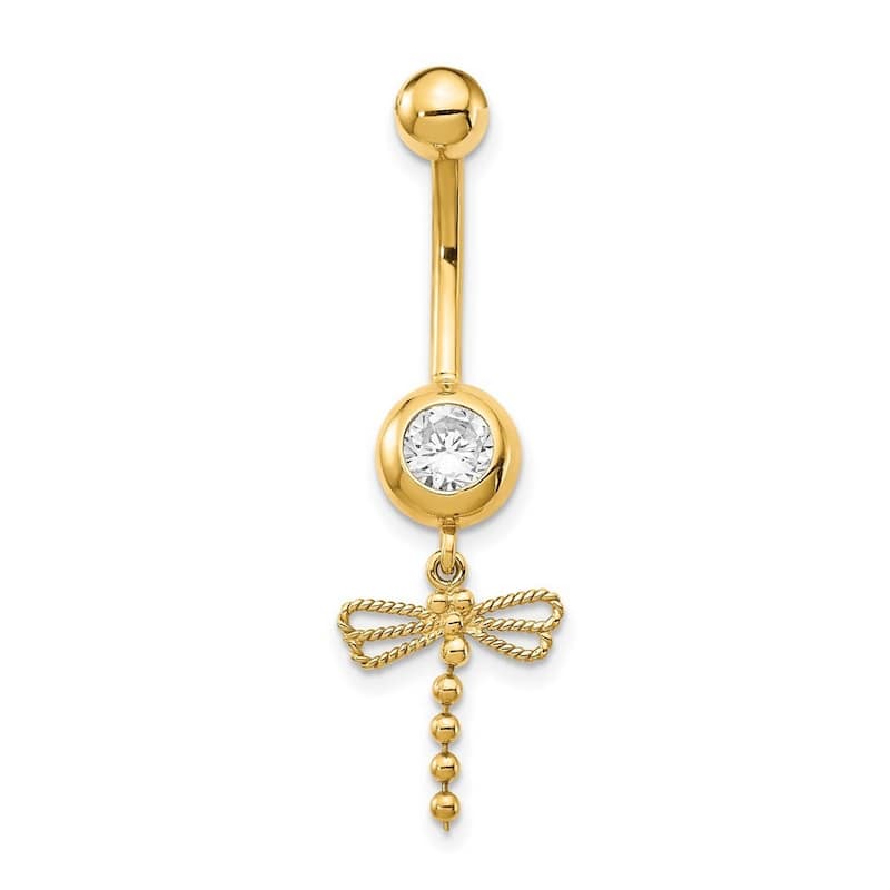 Curata Solid 14k Yellow Gold Cubic Zirconia 7mm Dragonfly Dangle Belly Ring (7mm x 36mm)