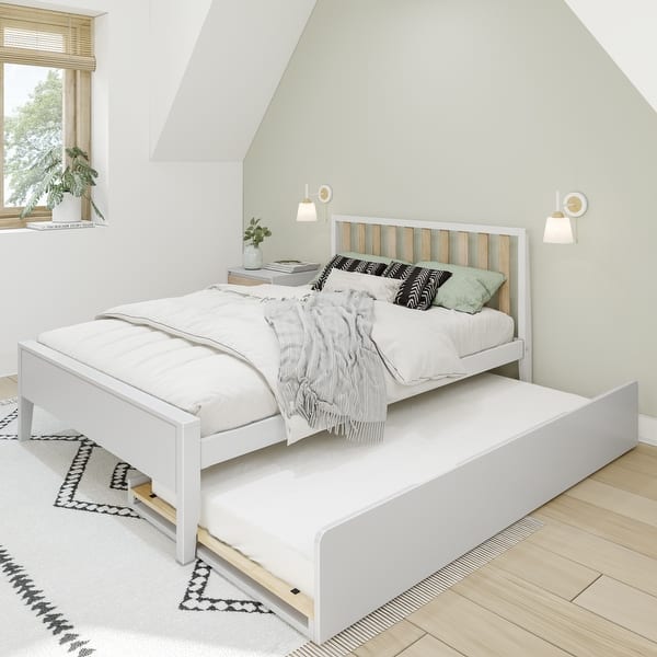 slide 2 of 6, Scandinavian Full-Size Bed with Slatted Headboard and Trundle White/Blonde - Full