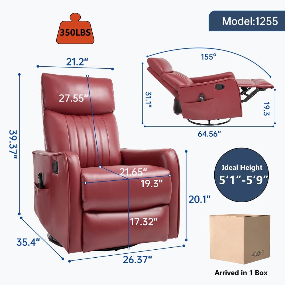 Faux Leather Swivel Recliner Chair, Manual Recliner Chair with Massage & Heat, Glider Rocker Chair with Side Pocket