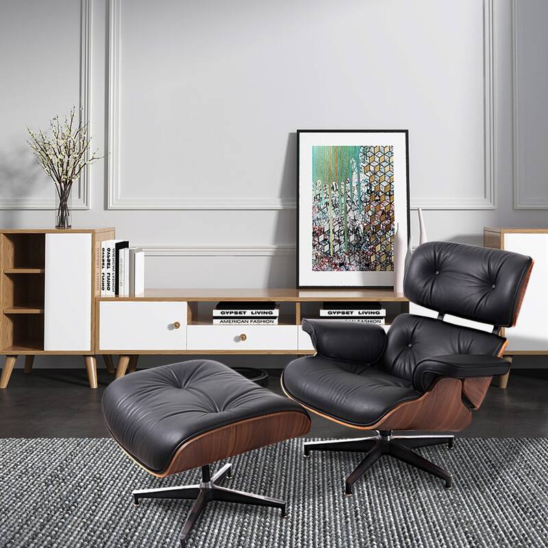 HomeRoots 35" Black Tufted Leather And Brown Swivel Lounge Chair with Ottoman - 34.6