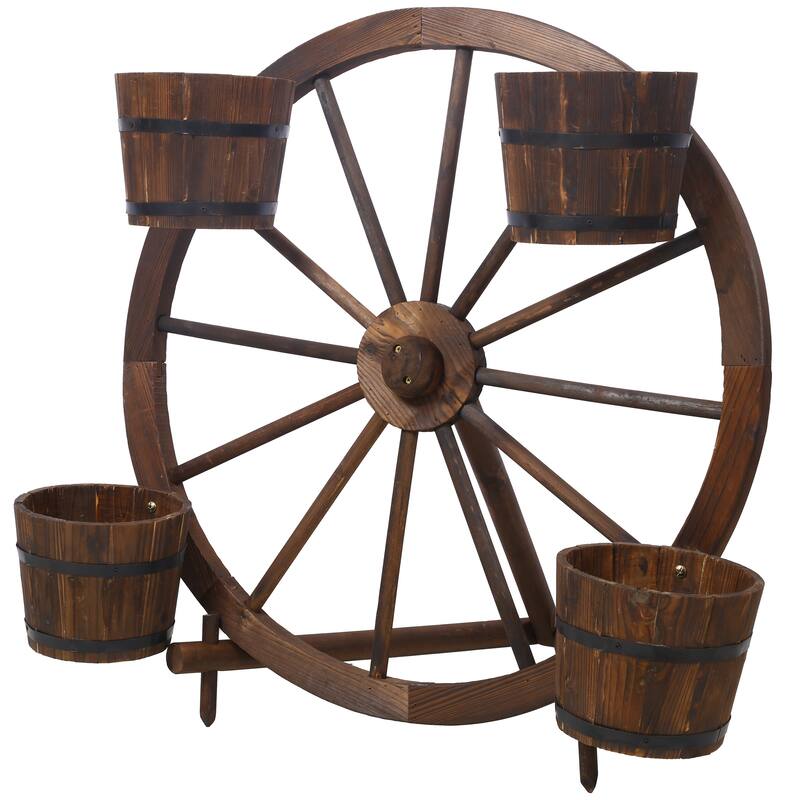 Wood wagon wheel barrel planter, Wagon Wheel Barrel Planter Display