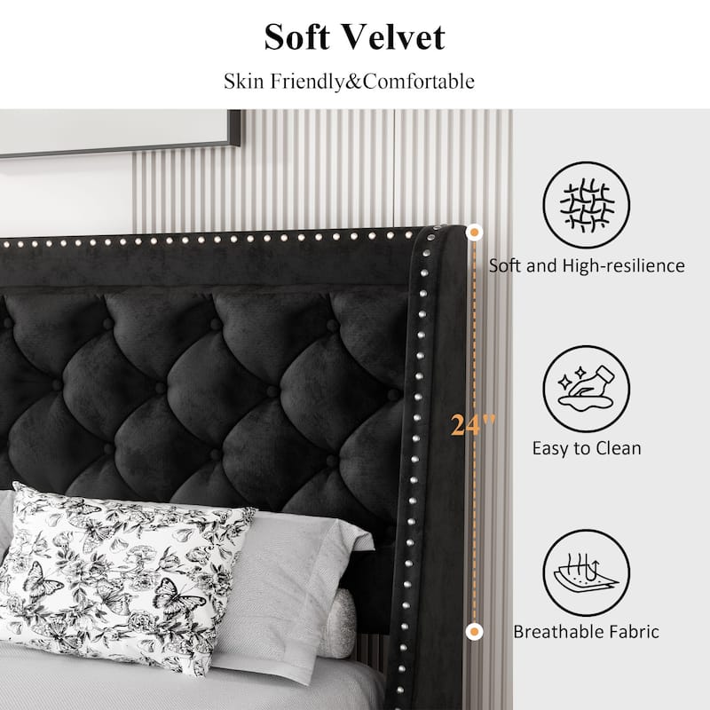 Diamond Tufted Queen Size Bed Frame – Faux Leather & Velvet Options with Button Tufted Headboard, Under-Bed Storage