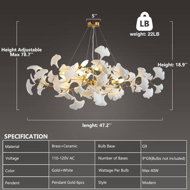 KAYLA Ceramic Ginkgo Leaf 8 -Light L40 Inch Chandelier