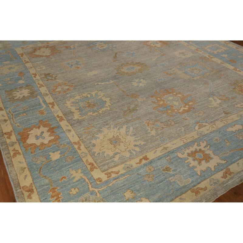 Hand Knotted Oriental 100% Wool Carpet Transitional All-Over Greys & Charcoal Oushak Area Rug - 9' 7'' X 8' 7''