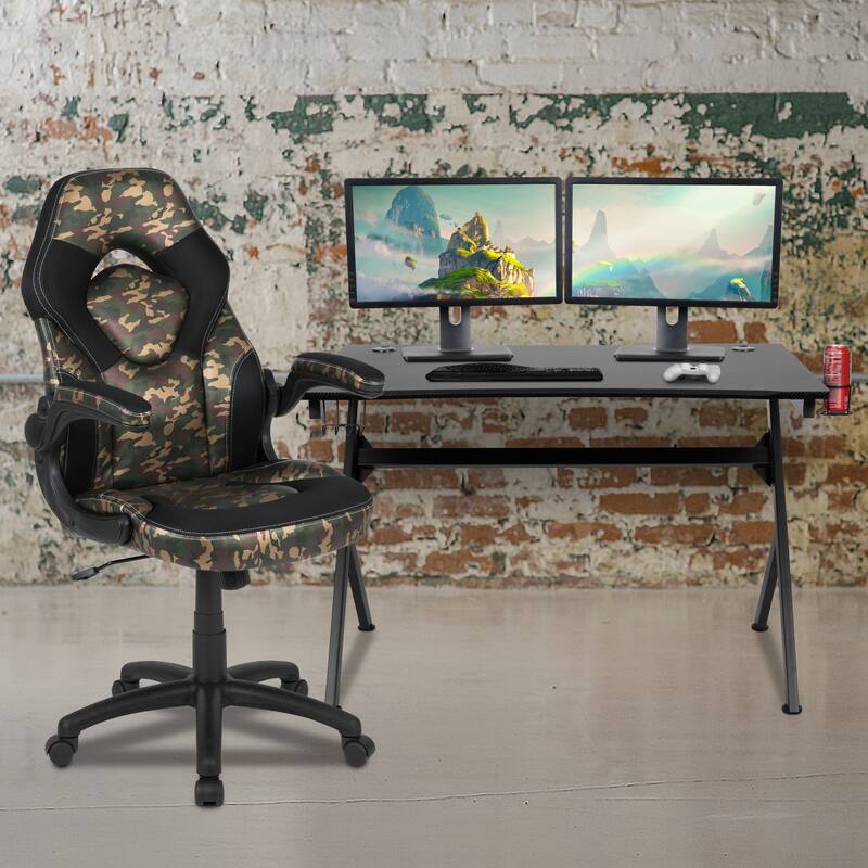 Gaming Desk Bundle - Cup/Headphone Holders, Wire Management - Camouflage