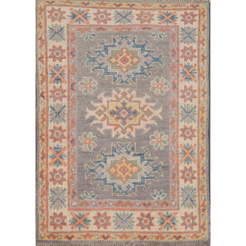 Gray Geometric Kazak Oriental Rug Handmade Wool Carpet - 2'0" x 3'0"