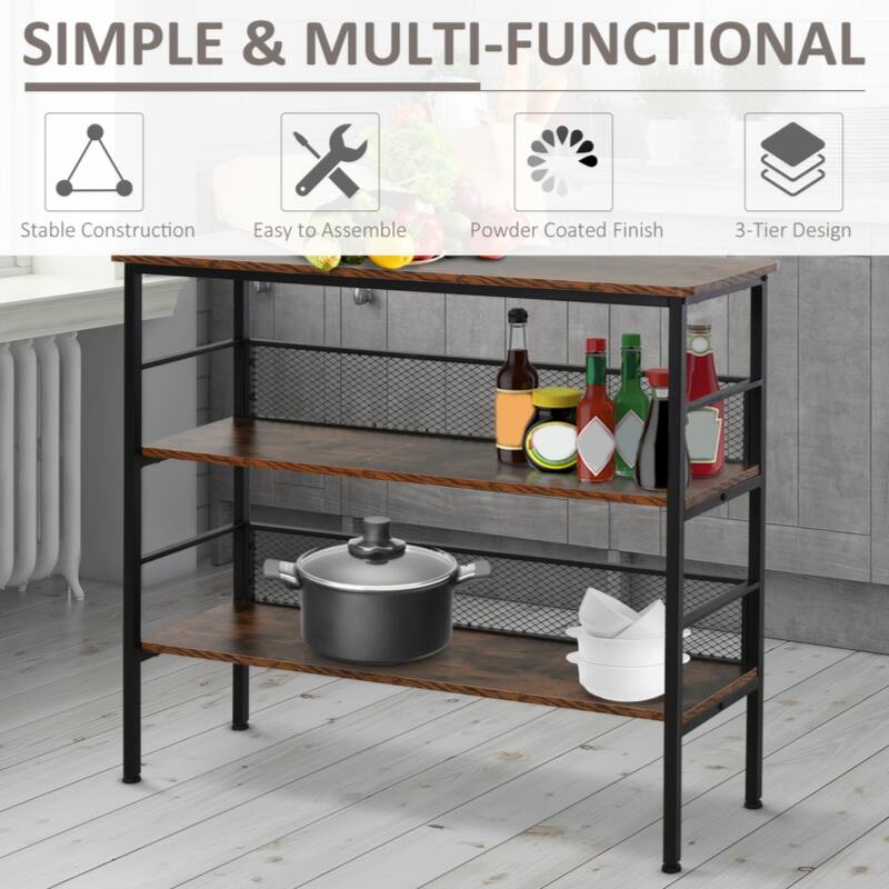 3-Tier Console Table Industrial Style Storage Metal Wooden Shelf with a Robust Multi-Functional Design & Adjustable Feet, Black