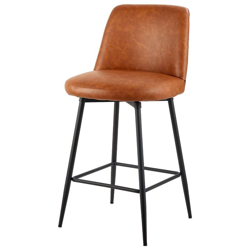 Brown PU Leather Cushion Swivel Counter Height Bar Stool with Iron Pipe Frame and Footrest for Kitchen Island