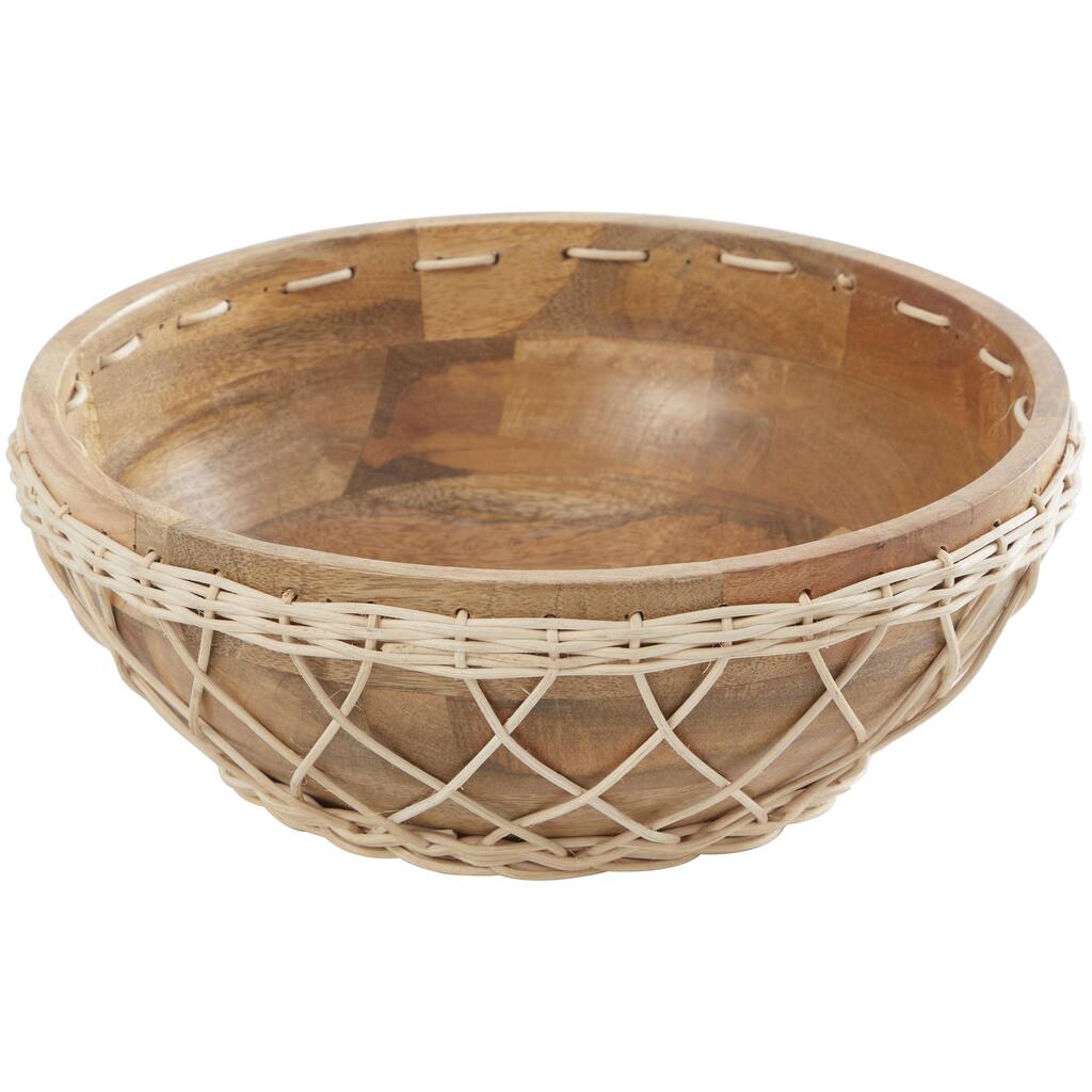 Mango Wood Handmade Decorative Bowl with Woven Rope Accents - Brown or Black - Roche River Decor