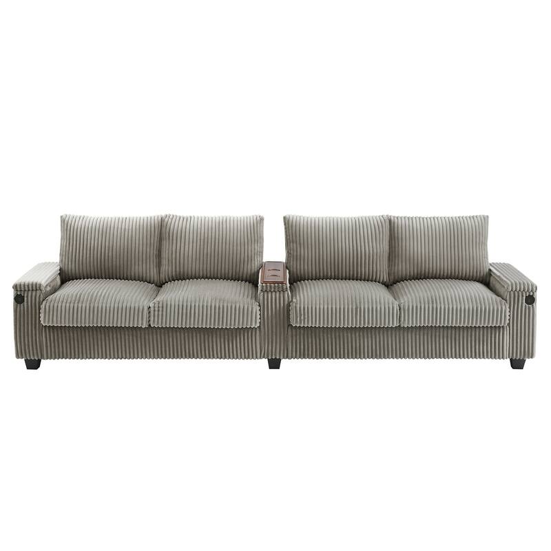 133-In Corduroy Sectional Sofa with USB Ports, Hidden Storage Arms, Flip-Top Cup Holders