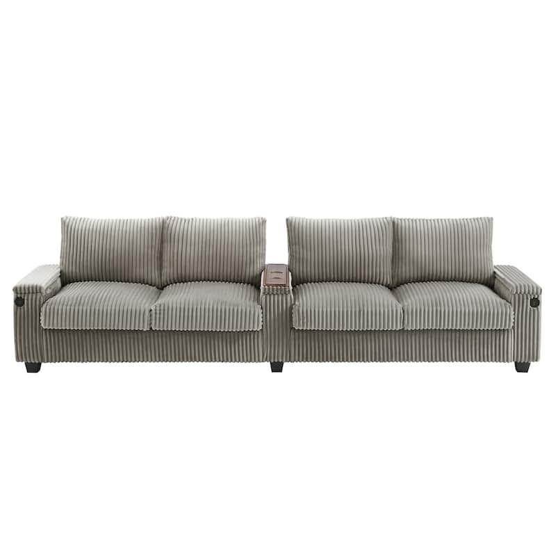 Roomfitters 4-Seater Corduroy Modern Sofa Couch with USB Ports Hidden Storage Arms & Flip-Top Cup Holders for Living Room
