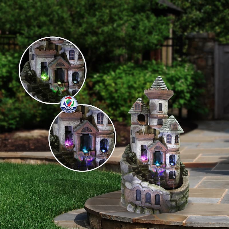 Alpine Corporation USA1368 35" Brown Tower Castle Fountain with Color Changing LED Lights