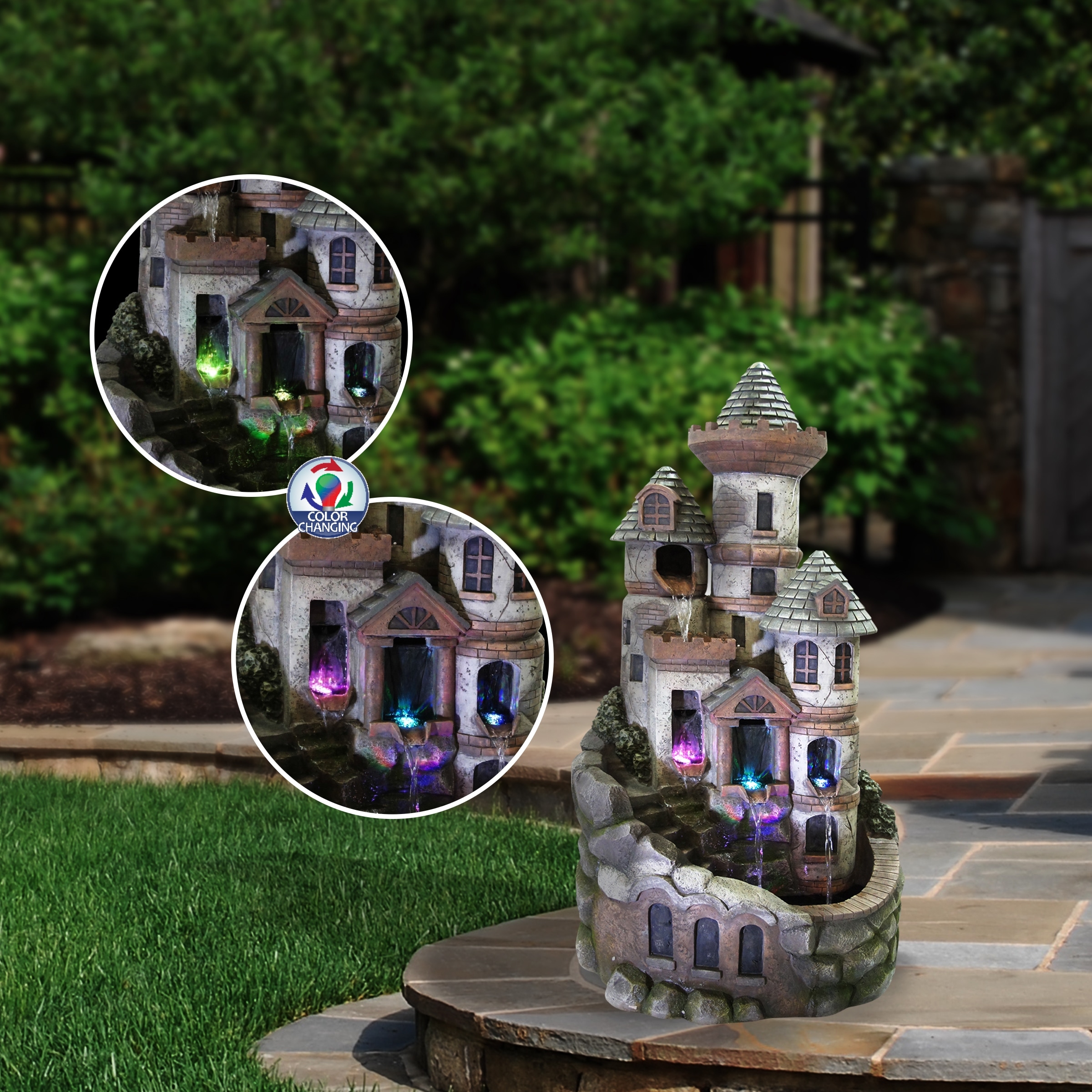Alpine Corporation USA1368 35" Brown Tower Castle Fountain with Color Changing LED Lights