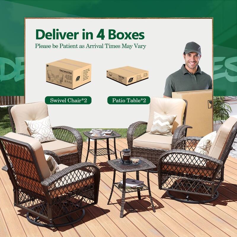 Patio Watcher 6-Piece Brown Wicker 360-Degree Patio Conversation Outdoor Rocking Chair Set with Cushions