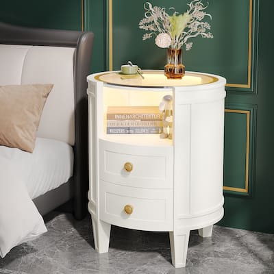 2-Drawer Side Table Nightstand with Open Shelf and LED Lights for Bedroom Living Room