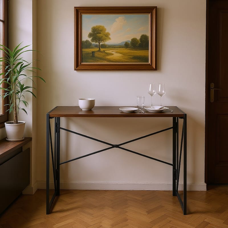 Homy Casa Folding Dining Table with Black Metal Frame and Wood Top