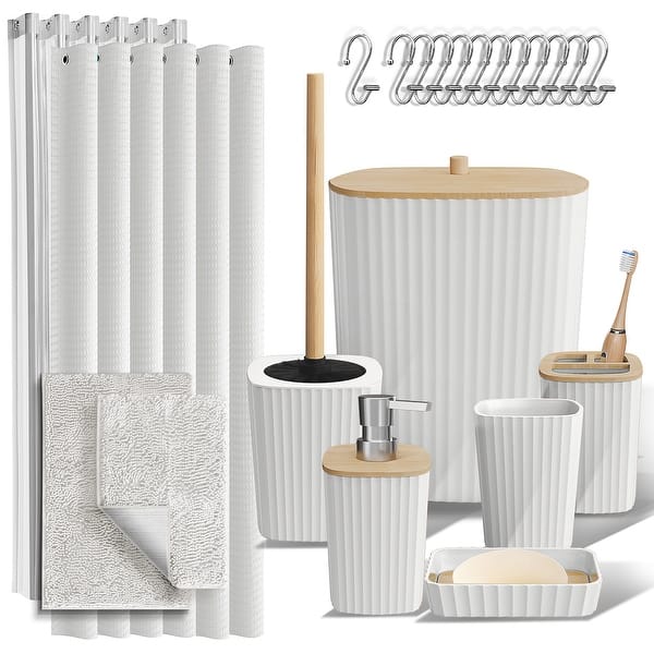 Empyrean Bamboo Bathroom Accessories Set with Shower Curtain Set, Toilet Brush, Trash Can & Soap Dispenser