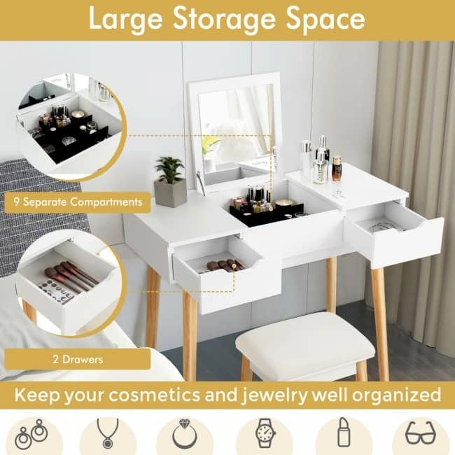 Makeup Vanity Table Set with Flip Top Mirror and 2 Drawers - 35.5" x 16" x 30" (L x W x H)