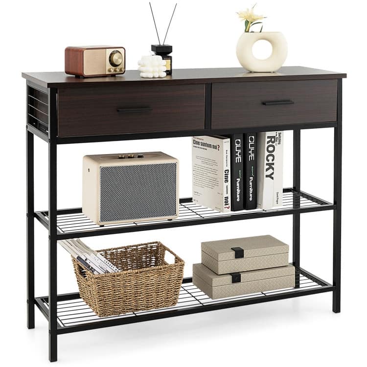 39.5 Inch Entryway Table with 2 Drawers and 2-Tier Shelves - 39.5" x 12" x 32" (L x W x H) - Dark Brown