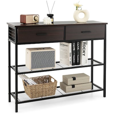 39.5 Inch Entryway Table with 2 Drawers and 2-Tier Shelves - 39.5" x 12" x 32" (L x W x H)