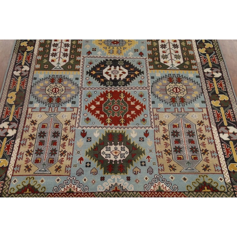 Light Blue Geometric Kazak Indian Area Rug Hand-Knotted Wool Carpet - 8'0"x 10'2"