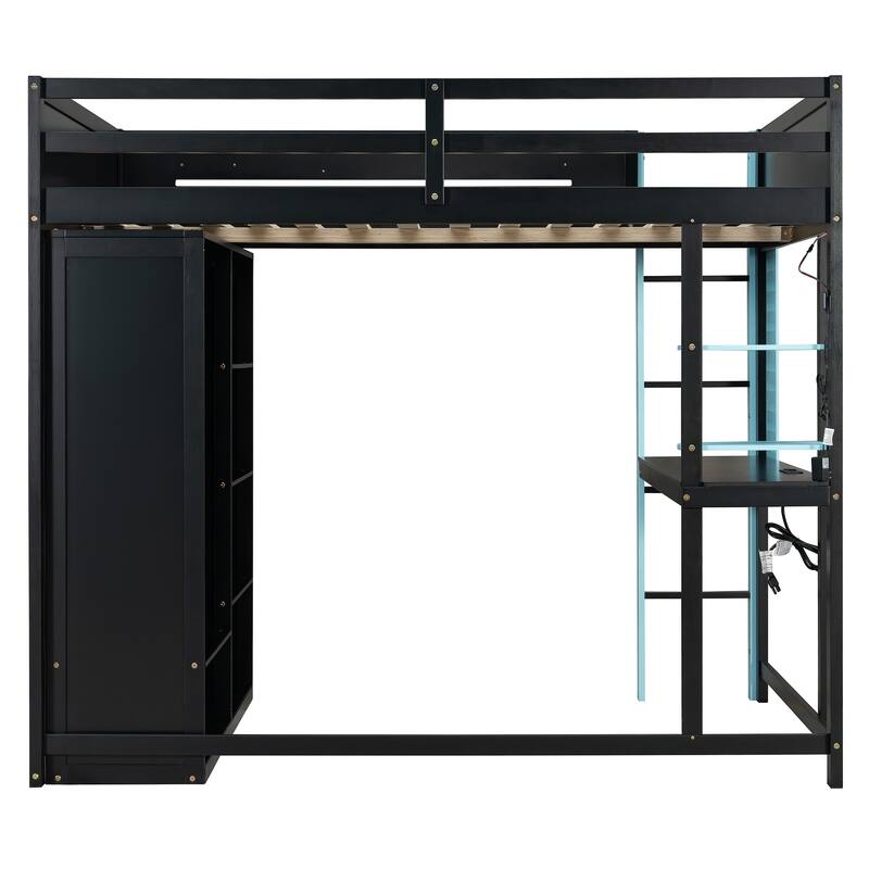Roomfitters Full Gaming Loft Bed with Desk, Open Wardrobe, RGB LED and USB Ports, Space Saving Sleeper